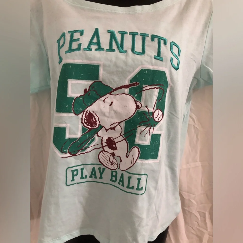 Mint green peanuts 52 play ball embroidered wide neckline cotton t-shirt size M - Picture 4 of 6